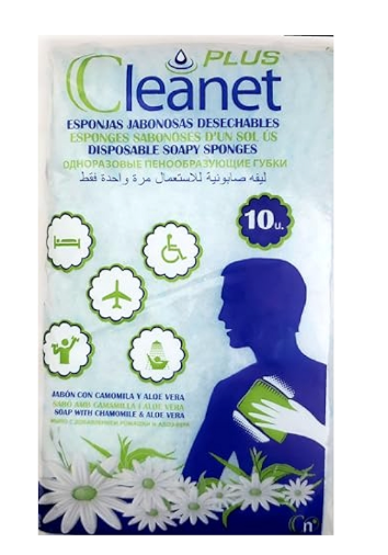 Cleanet Disposable No Rinse Bathing Sponge Infused with Chamomile and Aloe Vera - 10 Pack